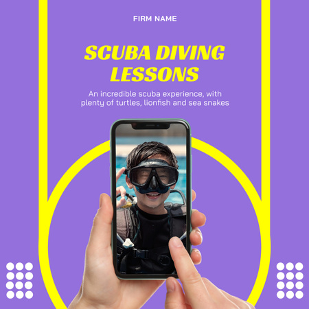 Scuba Diving Ad with Man in Mask in Purple Instagram Design Template