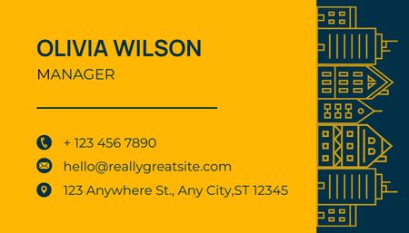Szablon projektu Reklama usług budowlanych i restauracyjnych na minimalistycznym niebieskim i żółtym papierze Business Card US