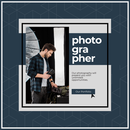 Photographer Services Ad on Blue Instagram Design Template