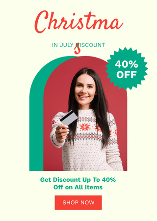 July Christmas Discount Announcement with Woman in Sweater Flyer A6 tervezősablon