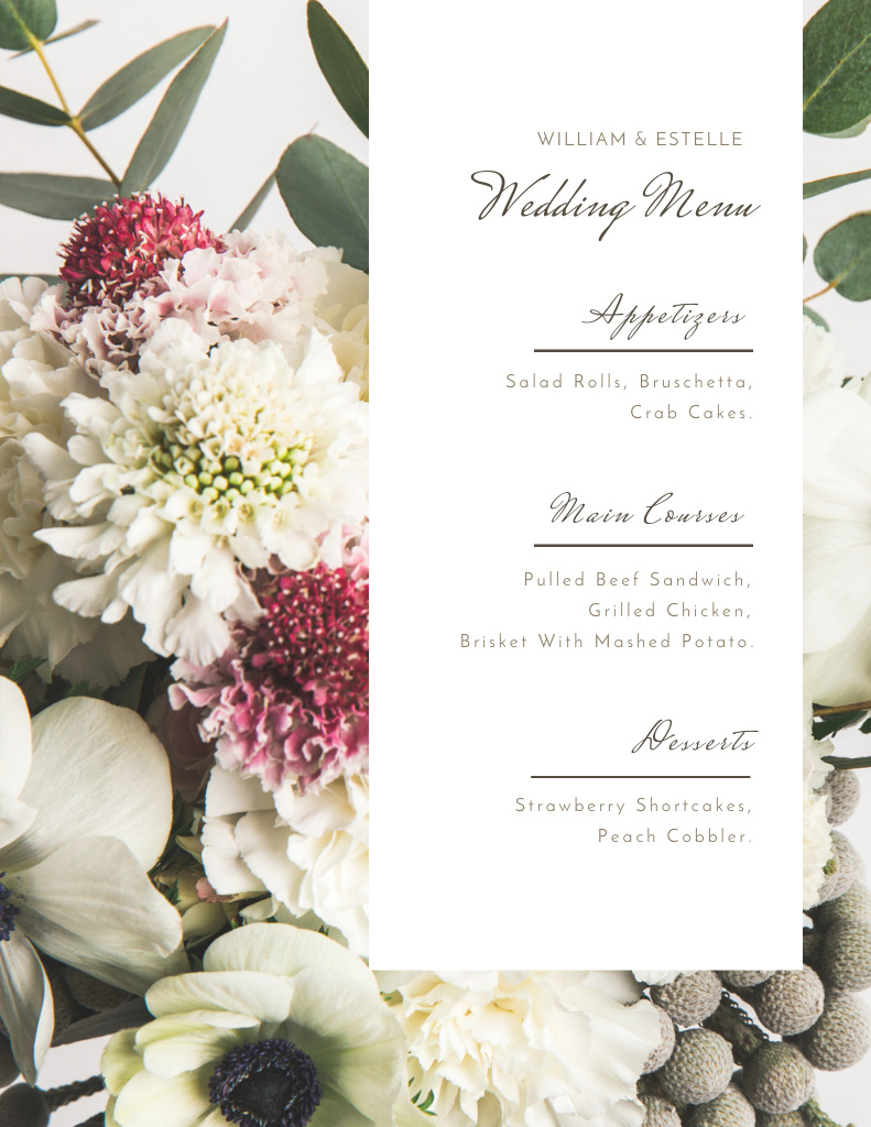 Wedding Dishes List on Background of Bouquet Menu 8.5x11in Design Template