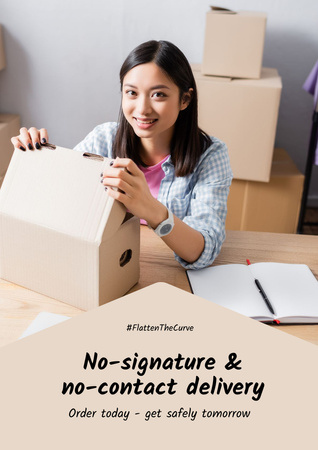 Template di design #FlattenTheCurve Delivery Services offer Woman with boxes Poster A3