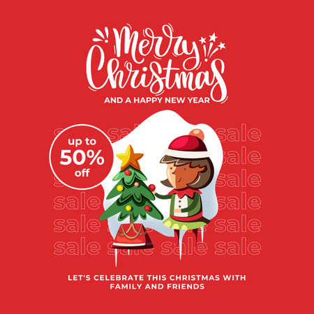 Christmas Sale Announcement with Girl and Christmas Tree Instagram Design Template