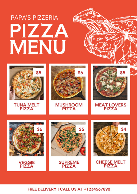 Varieties of Delicious Appetizing Pizza on Red Menu Design Template