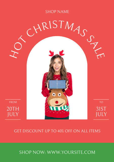 Template di design July Christmas Sale Announcement with Woman in Cute Sweater Flyer A5