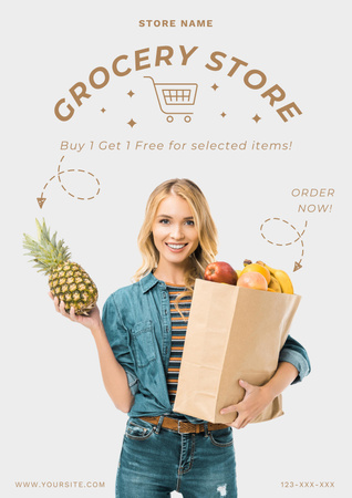 Grocery Store Promotion With Woman Holding Food In Bag Poster Design Template