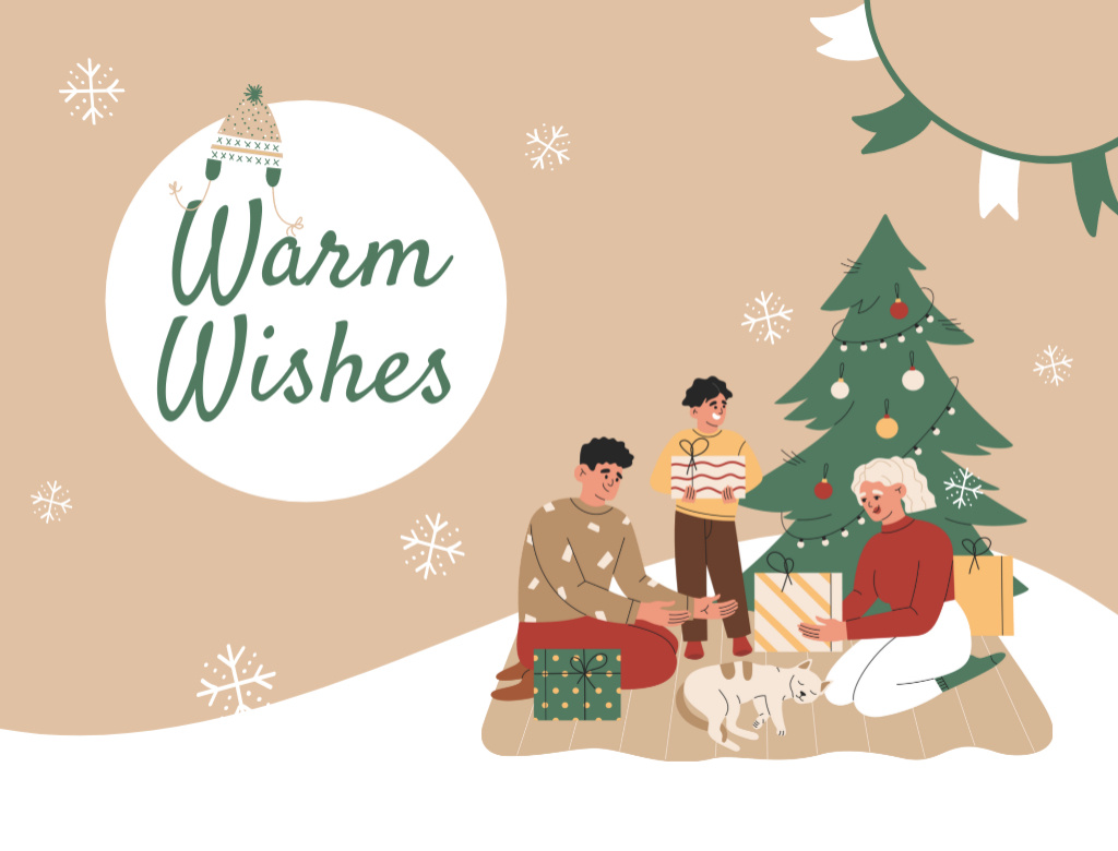 Christmas and New Year Wishes Happy Family Illustration Postcard 4.2x5.5inデザインテンプレート
