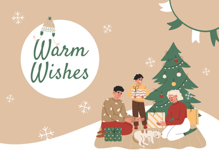 Platilla de diseño Christmas and New Year Wishes Happy Family Illustration Postcard 4.2x5.5in