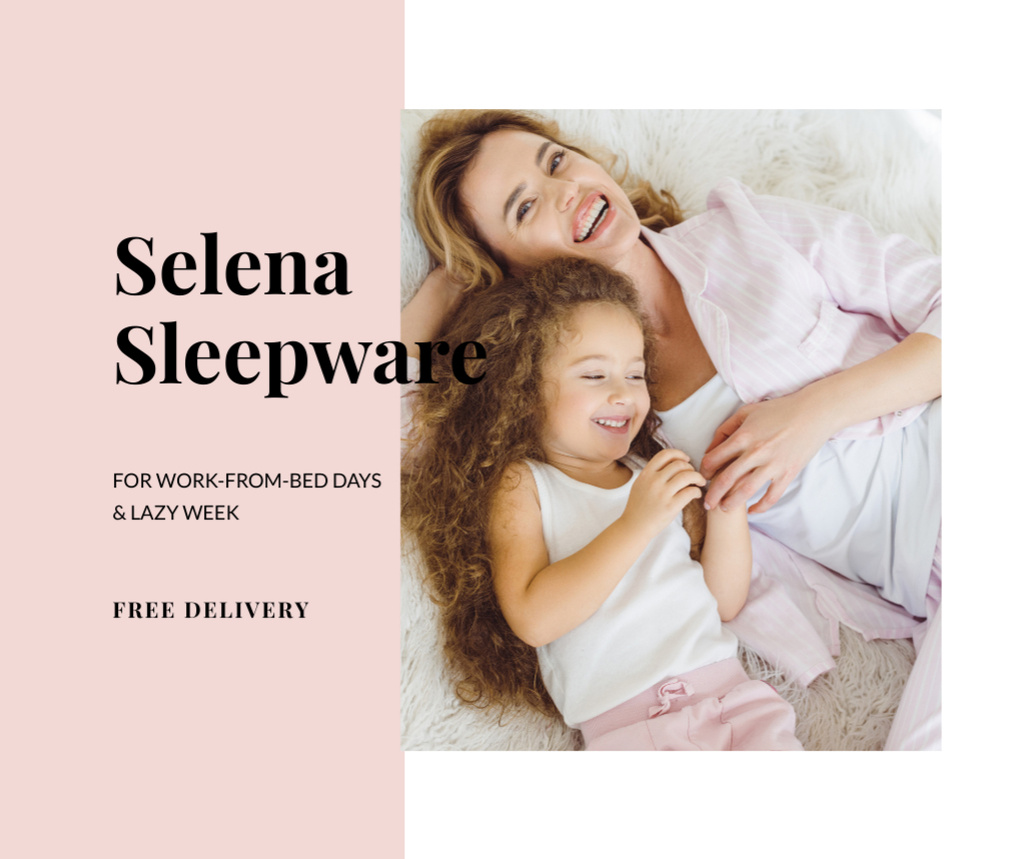 Designvorlage Sleepwear Delivery Offer with Mother and Daughter in bed für Facebook