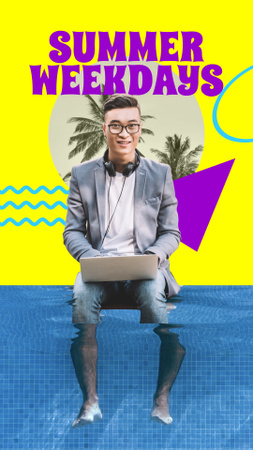 Funny Man working on Laptop in Summer Pool Instagram Story Modelo de Design