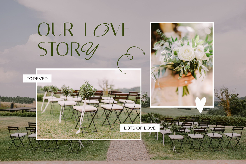 Beautiful Love Story with Bride holding Bouquet Mood Board – шаблон для дизайна