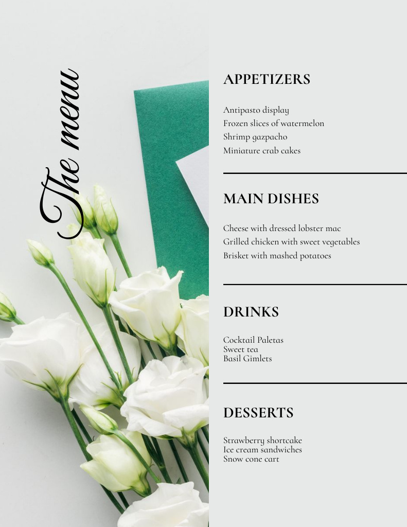 Modèle de visuel Green and Grey Wedding Dishes List on Background of Eustomas - Menu 8.5x11in