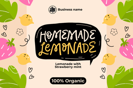 Strawberry and Mint Homemade Lemonade Label Design Template