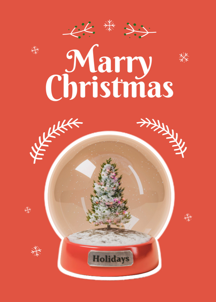 Ontwerpsjabloon van Postcard 5x7in Vertical van Heartfelt Christmas Greetings with Twigs and Glass Ball In Red