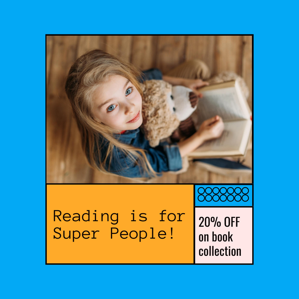 Children's Books Collection Discount Offer with Girl with Book Instagram Modelo de Design