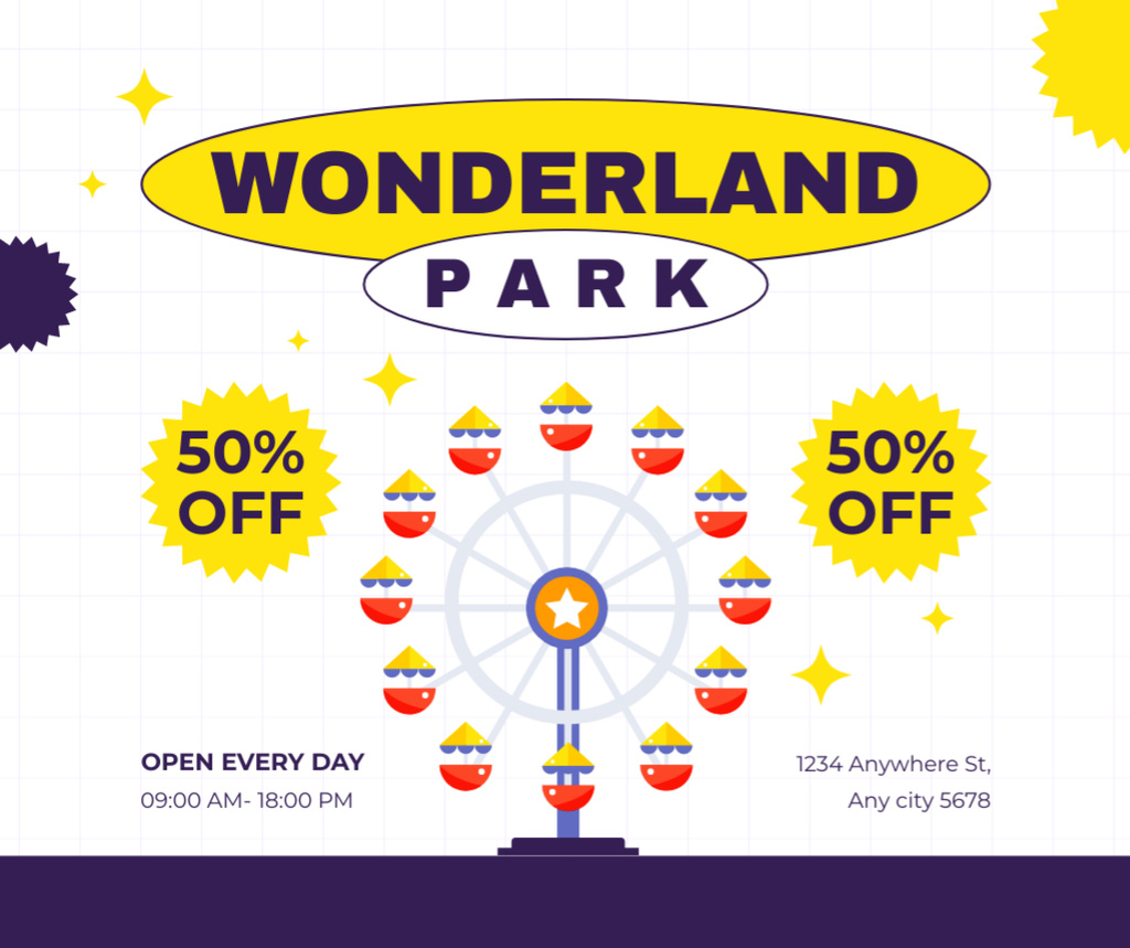 Ontwerpsjabloon van Facebook van Mesmerizing Wonderland Park With Ferris Wheel AT Half Price Offer