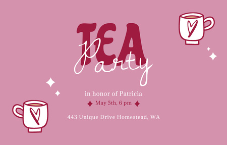 Tea Party Announcement With Cute Cups on Pink Invitation 4.6x7.2in Horizontal Design Template