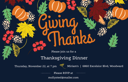 Hálaadási vacsora bejelentése őszi levelekkel a sötétkéken Invitation 4.6x7.2in Horizontal tervezősablon