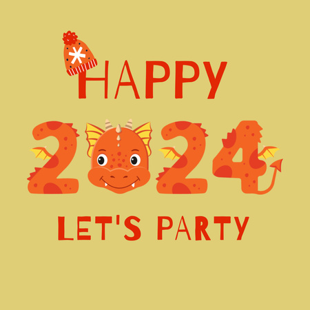 New Year Party Announcement with Cute Dragon Instagram Design Template