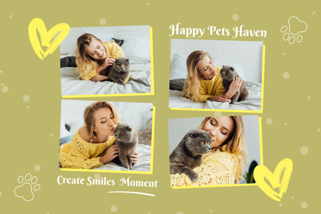 Ευτυχισμένες στιγμές της γυναίκας με τη χαριτωμένη γάτα της Mood Board Πρότυπο σχεδίασης