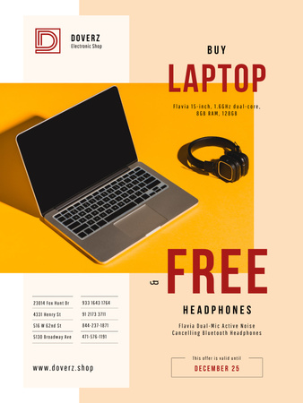 Template di design Offerta gadget con laptop e cuffie in giallo Poster US