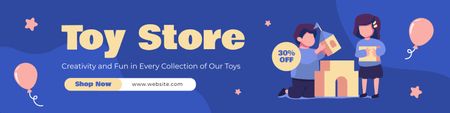 Child Toys Shop Offer with Kids on Blue Twitter Design Template