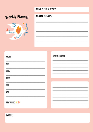 Szablon projektu Weekly Goals with Dove of Peace on Pink Schedule Planner
