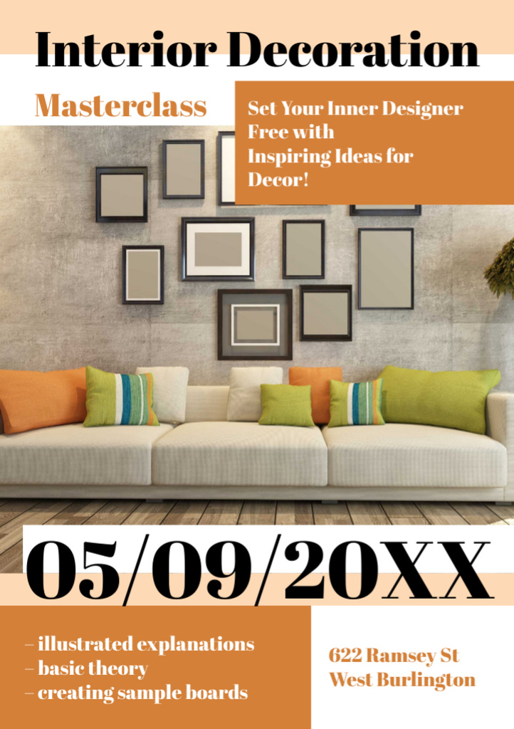 Interior Decoration Masterclass Ad with Modern Living Room Interior Flyer A7 – шаблон для дизайна