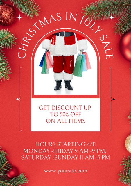 July Christmas Sale Announcement with Santa holding Gifts Flyer A5 Design Template