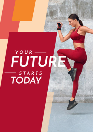 Citação de esportes motivacionais com mulher correndo em vermelho Poster Modelo de Design