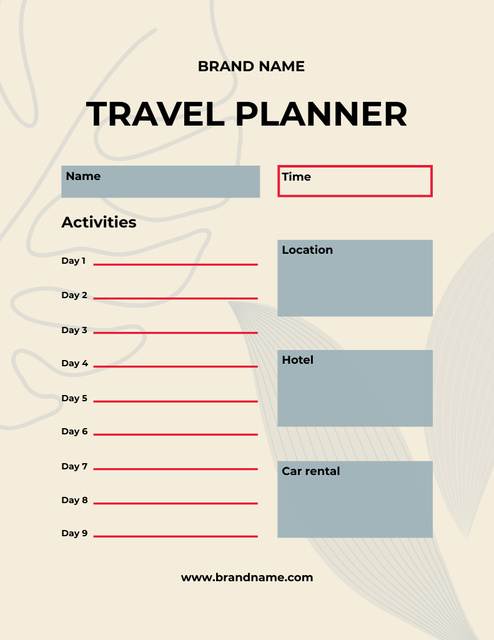 Travel Planner with Leaves Shadow Notepad 8.5x11in Tasarım Şablonu