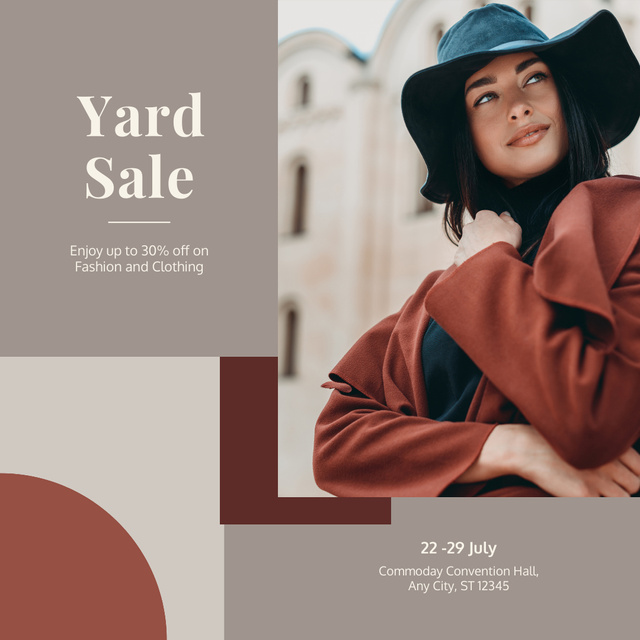 Clothing Yard Sale Announcement with Stylish Woman in Hat Instagramデザインテンプレート