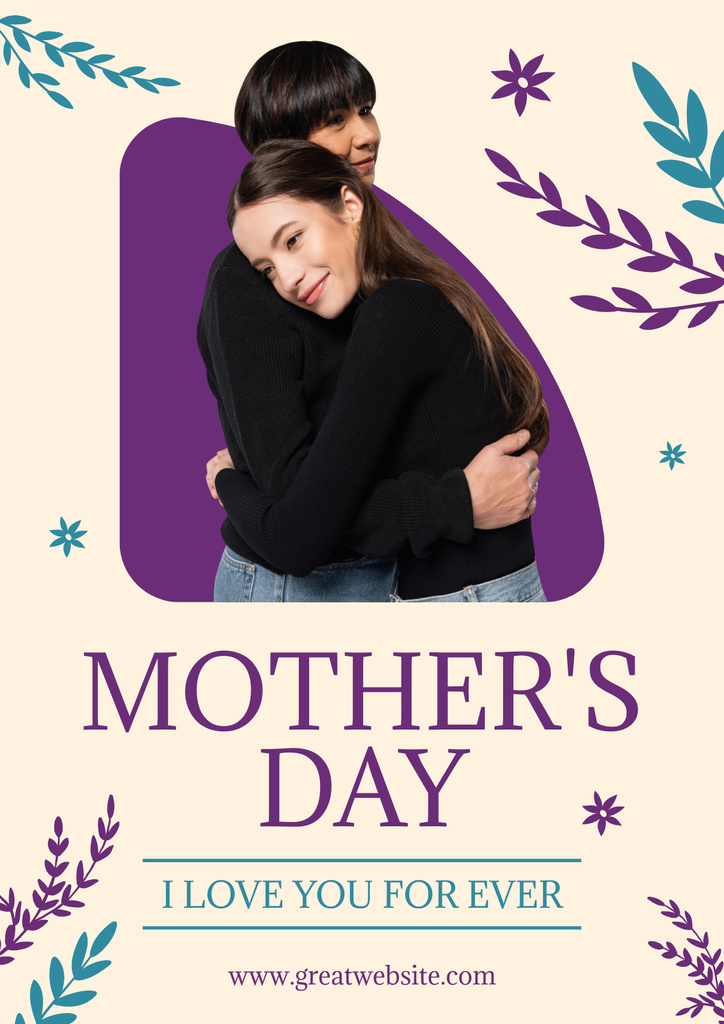 Designvorlage Mother's Day Greeting with Hugging Mother and Daughter für Poster