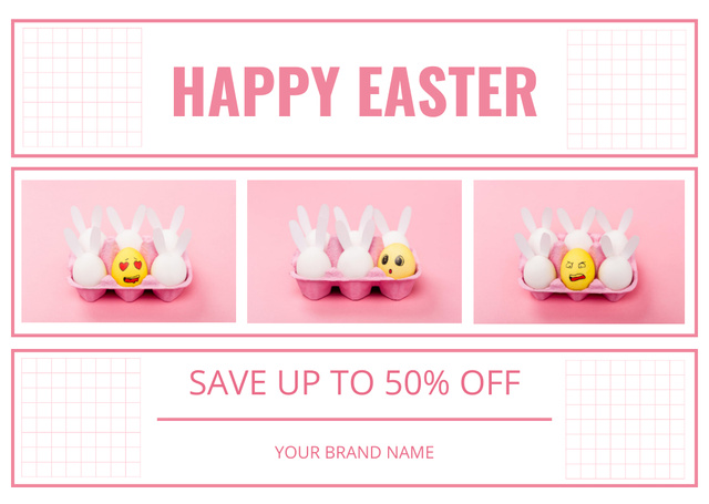 Easter Holiday Sale Announcement with Decorative Easter Bunnies in Egg Tray Card Modelo de Design