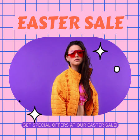Platilla de diseño Easter Sale with Stylish Woman in Bright Clothes Animated Post