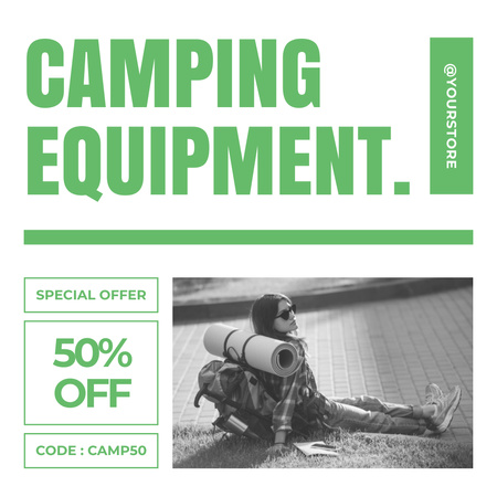 Plantilla de diseño de Oferta de Equipo de Camping con Mujer con Mochila Turística Instagram 