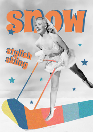 Funny Retro Woman skiing Poster Design Template