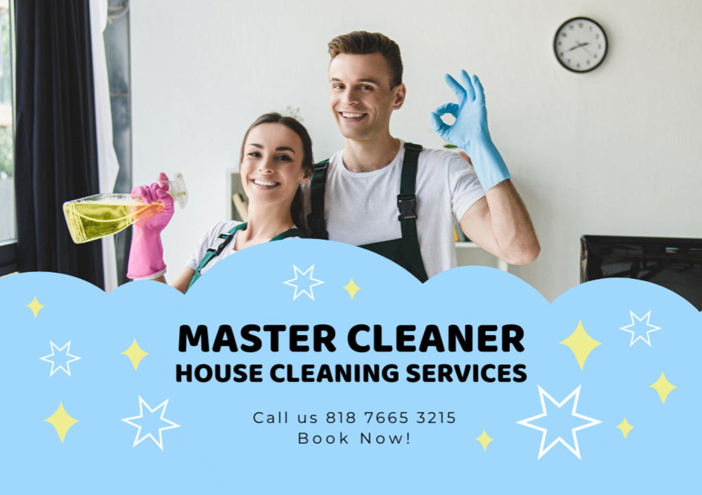 Platilla de diseño House Cleaning Service Promotion with Smiling Team Flyer A5 Horizontal