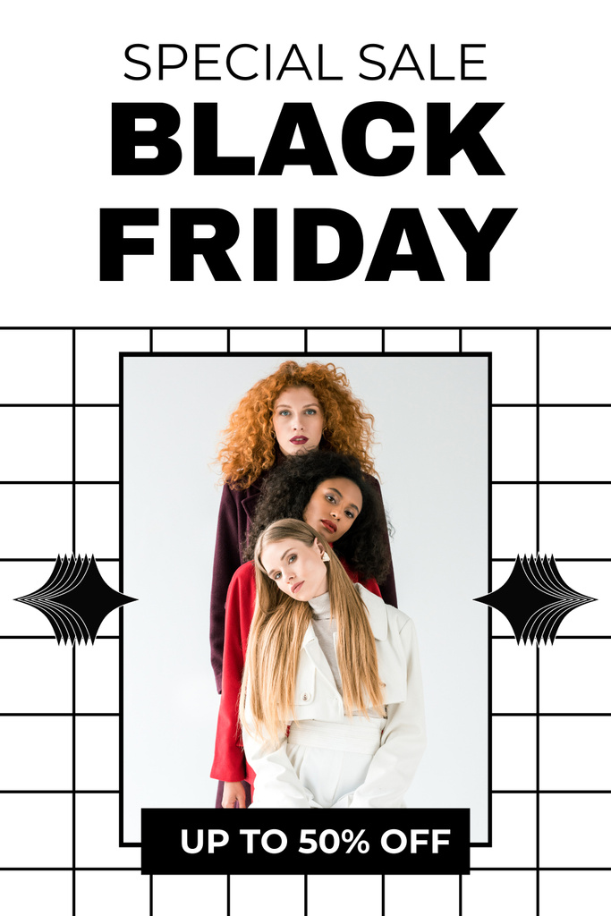 Black Friday Sale Ad with Multiracial Women Pinterest Tasarım Şablonu