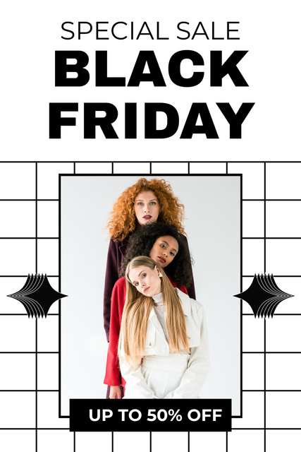 Black Friday Sale Ad with Multiracial Women Pinterest Design Template