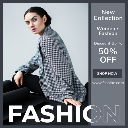 New Clothing Collection Ad with Young Woman in Stylish Jacket Instagram Design Template