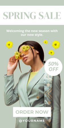 Plantilla de diseño de Oferta de venta de primavera con mujer elegante en traje Graphic 