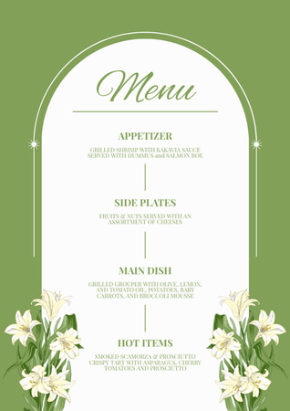 Basit Yeşil Çiçekli Düğün Yemekleri Listesi Menu Tasarım Şablonu
