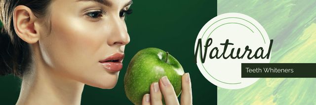 Teeth Whitening with Woman holding Green Apple Email header tervezősablon