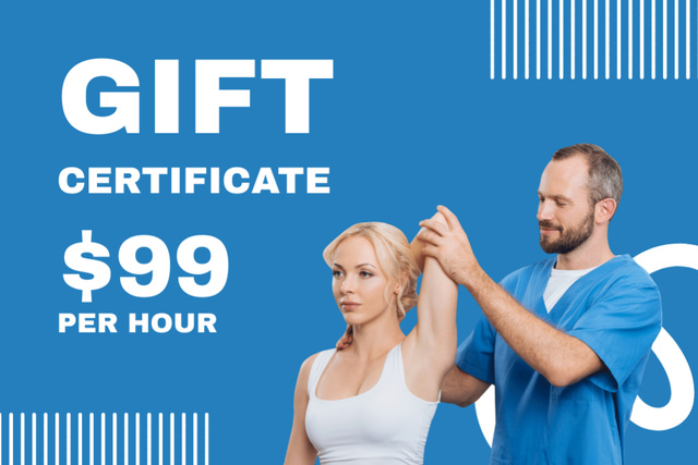 Male Physiotherapist Stretching Arm of Female Patient Gift Certificate – шаблон для дизайну
