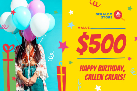 Template di design Vendita di compleanno con ragazza con palloncini Gift Certificate