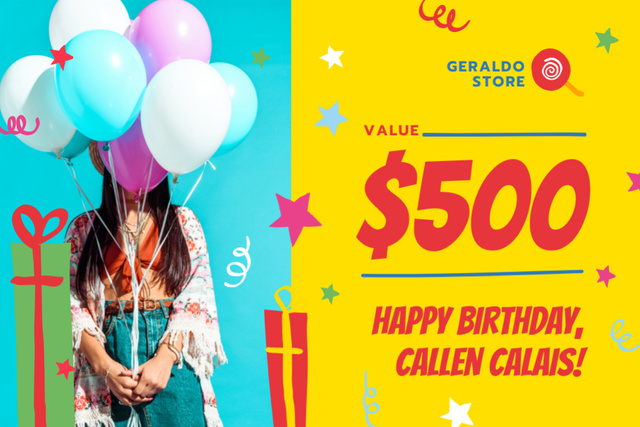 Birthday Sale with Girl with Balloons Gift Certificate Design Template