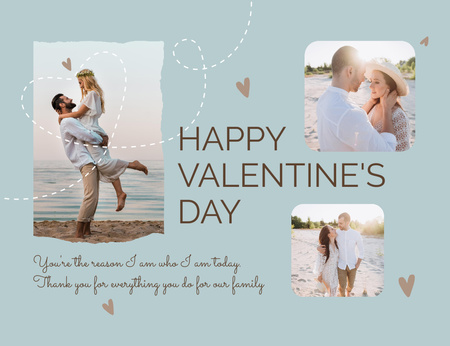 Plantilla de diseño de Collage con pareja joven enamorada para el día de San Valentín en azul Thank You Card 5.5x4in Horizontal 