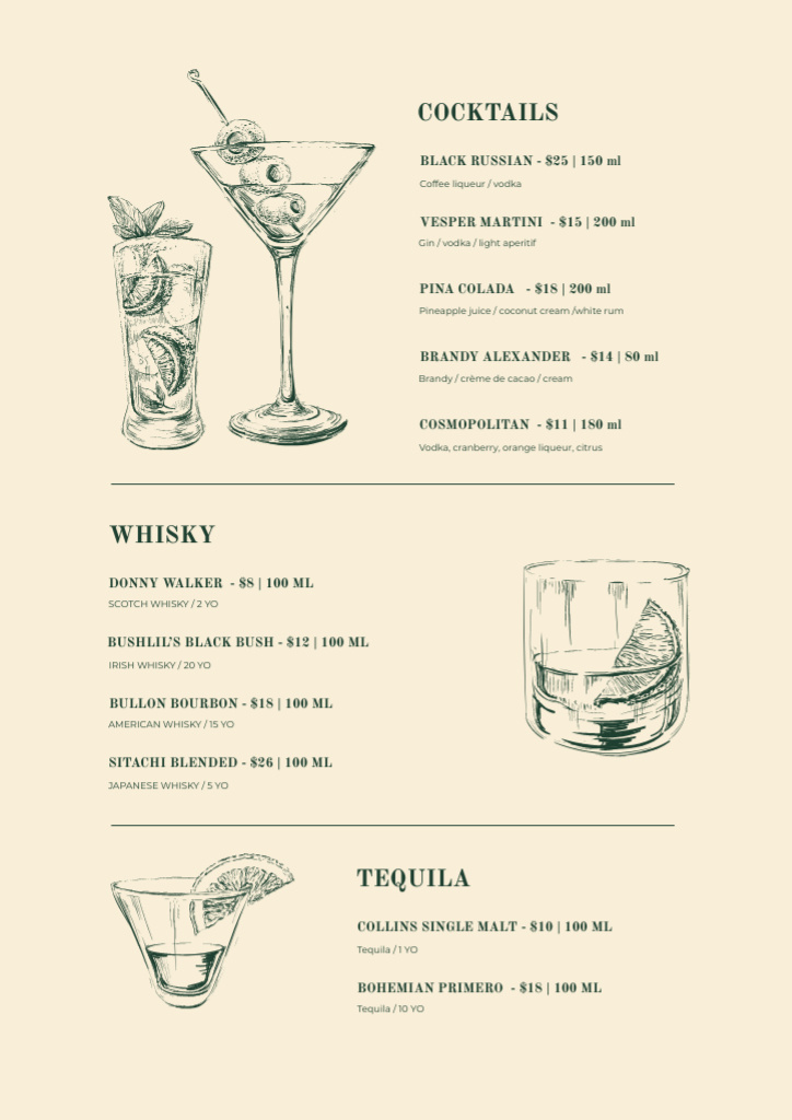Bar Cocktails sketches Menu Design Template