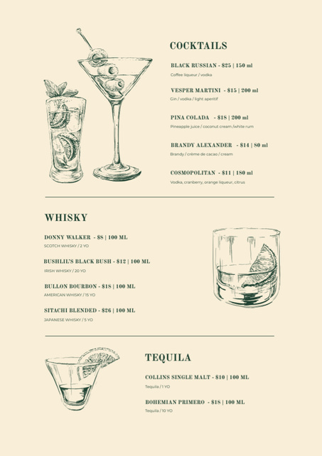 Bar Cocktails sketches Menu Tasarım Şablonu